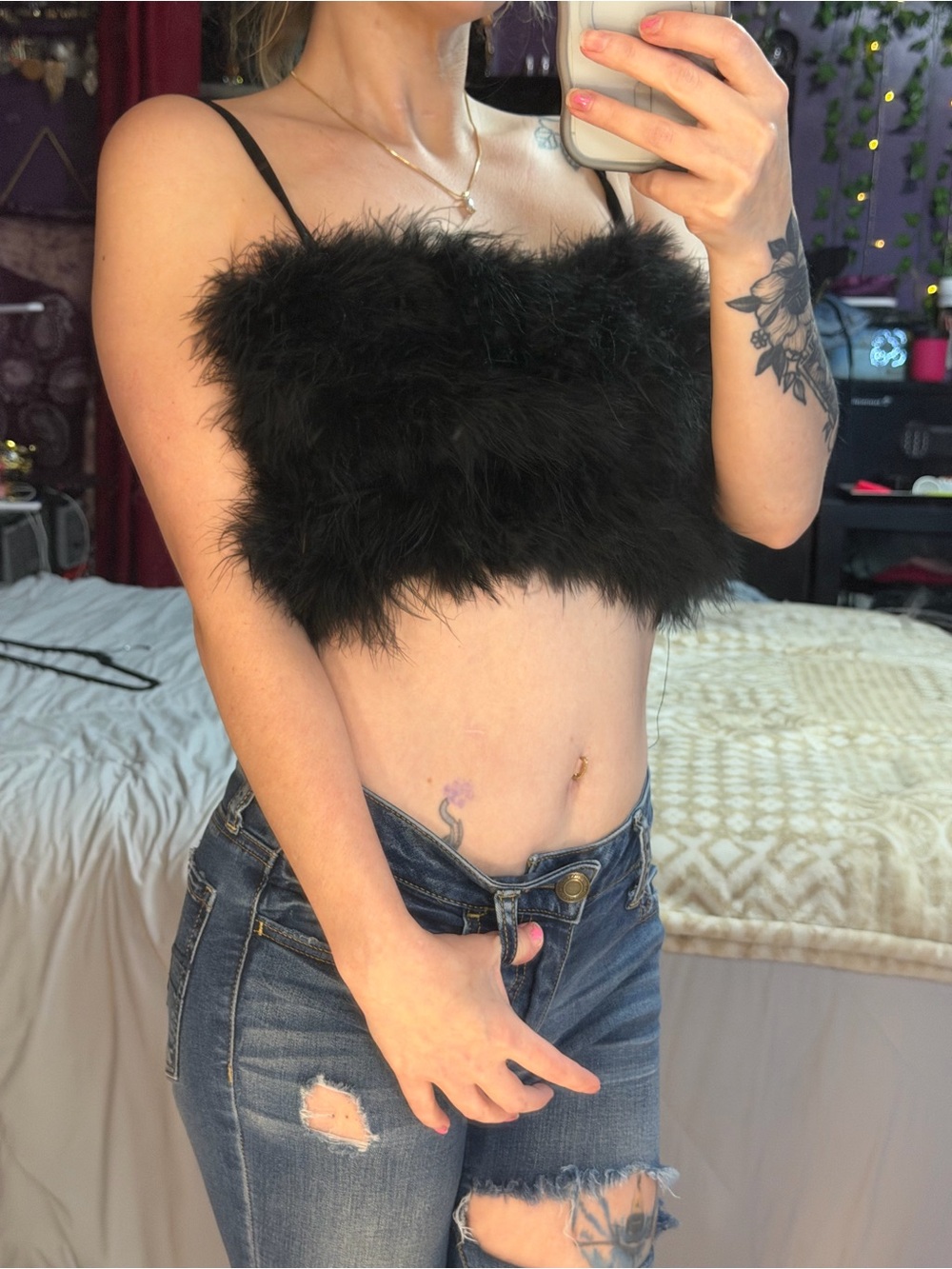 Faux Feather Crop Top - Black